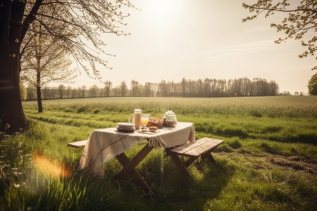 An illustration of a beautiful spring landscape with green grass and sunny weather, showcasing a lovely picnic setup with a checkered blanket, basket of food, and flowers. Ai generatedの素材
