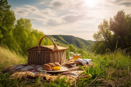 An illustration of a beautiful spring landscape with green grass and sunny weather, showcasing a lovely picnic setup with a checkered blanket, basket of food, and flowers. Ai generatedの素材