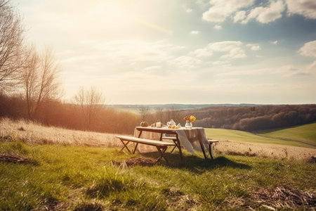 An illustration of a beautiful spring landscape with green grass and sunny weather, showcasing a lovely picnic setup with a checkered blanket, basket of food, and flowers. Ai generatedの素材