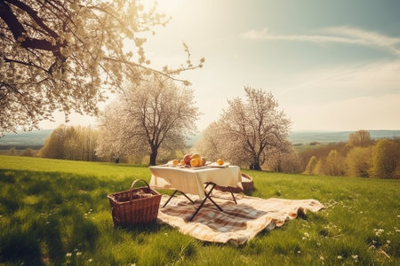 An illustration of a beautiful spring landscape with green grass and sunny weather, showcasing a lovely picnic setup with a checkered blanket, basket of food, and flowers. Ai generatedの素材