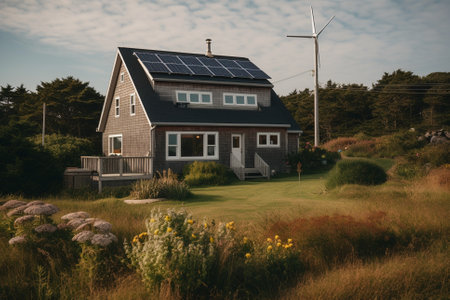 Residential homes powered by renewable energy sources such as solar panels and wind turbines, showcasing the potential for sustainable living and reducing carbon emissions.Ai generatedの素材