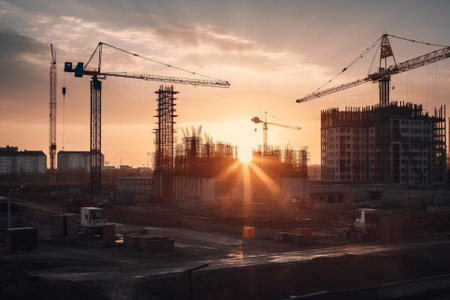 Illustratuon of a Construction site at sunset, showing towering buildings in various stages of construction, surrounded by cranes and heavy equipment.Ai generatedの素材