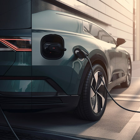 An illustration of an electric vehicle (EV) connected to a charging station, representing the future of sustainable transportation and the shift away from fossil fuels. Ai generatedの素材