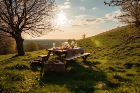 An illustration of a beautiful spring landscape with green grass and sunny weather, showcasing a lovely picnic setup with a checkered blanket, basket of food, and flowers. Ai generatedの素材