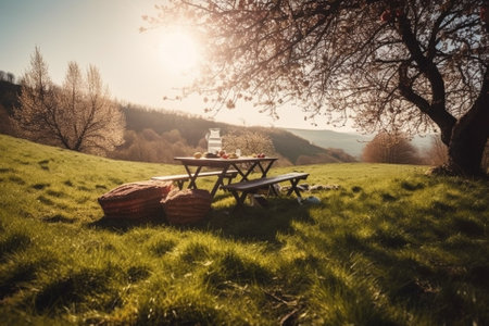 An illustration of a beautiful spring landscape with green grass and sunny weather, showcasing a lovely picnic setup with a checkered blanket, basket of food, and flowers. Ai generatedの素材
