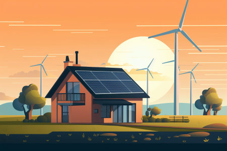 Residential homes powered by renewable energy sources such as solar panels and wind turbines, showcasing the potential for sustainable living and reducing carbon emissions.Ai generatedの素材