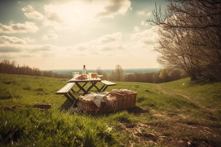 An illustration of a beautiful spring landscape with green grass and sunny weather, showcasing a lovely picnic setup with a checkered blanket, basket of food, and flowers. Ai generatedの素材
