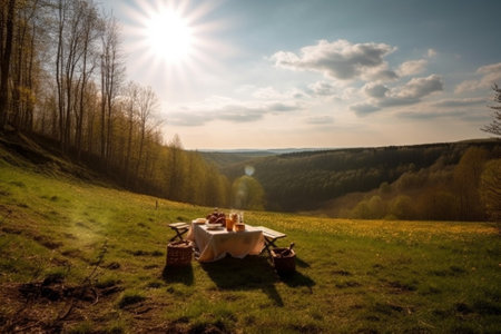 An illustration of a beautiful spring landscape with green grass and sunny weather, showcasing a lovely picnic setup with a checkered blanket, basket of food, and flowers. Ai generatedの素材