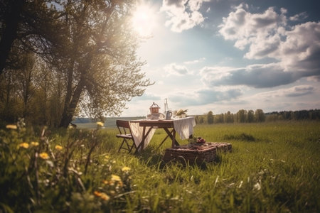 An illustration of a beautiful spring landscape with green grass and sunny weather, showcasing a lovely picnic setup with a checkered blanket, basket of food, and flowers. Ai generatedの素材