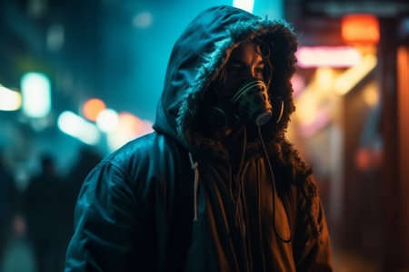 An illustration of a man in a hoodie at night, wearing a gas mask as a form of protection. The city lights in the background add to the eerie atmosphere, while the bokeh effect creates a sense of depth and motion.Ai generatedの素材