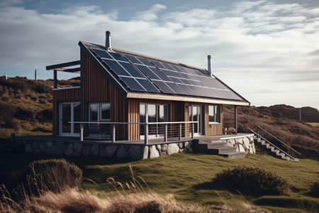 Residential homes powered by renewable energy sources such as solar panels and wind turbines, showcasing the potential for sustainable living and reducing carbon emissions.Ai generatedの素材