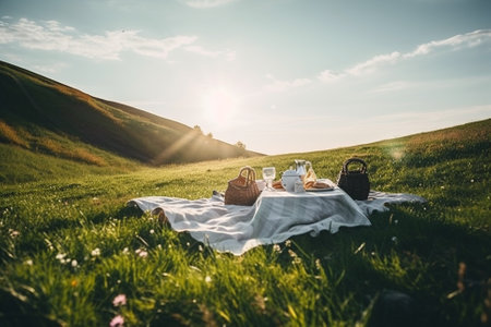 An illustration of a beautiful spring landscape with green grass and sunny weather, showcasing a lovely picnic setup with a checkered blanket, basket of food, and flowers. Ai generatedの素材