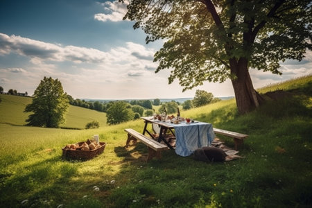 An illustration of a beautiful spring landscape with green grass and sunny weather, showcasing a lovely picnic setup with a checkered blanket, basket of food, and flowers. Ai generatedの素材