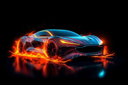 An illustration depicting a speed car with flames, neon glow lights, and a concept of high-speed driving. The sleek and dynamic design of the car is accentuated by the neon lights, creating a sense of energy and excitement. Ai generatedの素材