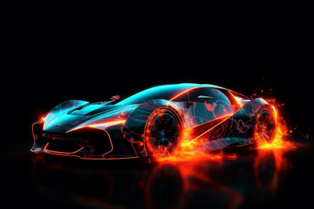 An illustration depicting a speed car with flames, neon glow lights, and a concept of high-speed driving. The sleek and dynamic design of the car is accentuated by the neon lights, creating a sense of energy and excitement. Ai generatedの素材