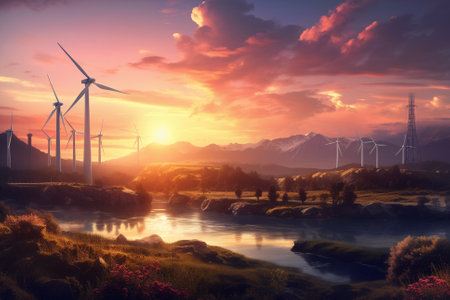 An illustration of fields with solar panels and wind turbines at sunset, showcasing the beauty of renewable energy and its potential to transform the way we generate power. Ai generatedの素材