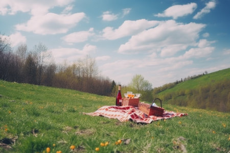 An illustration of a beautiful spring landscape with green grass and sunny weather, showcasing a lovely picnic setup with a checkered blanket, basket of food, and flowers. Ai generatedの素材
