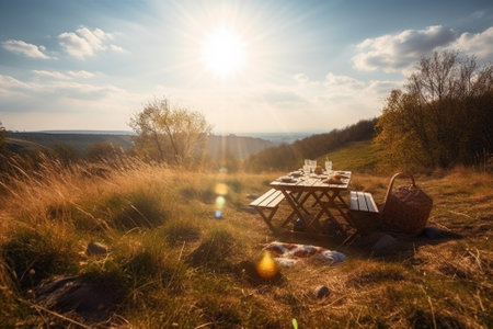 An illustration of a beautiful spring landscape with green grass and sunny weather, showcasing a lovely picnic setup with a checkered blanket, basket of food, and flowers. Ai generatedの素材