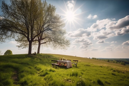 An illustration of a beautiful spring landscape with green grass and sunny weather, showcasing a lovely picnic setup with a checkered blanket, basket of food, and flowers. Ai generatedの素材