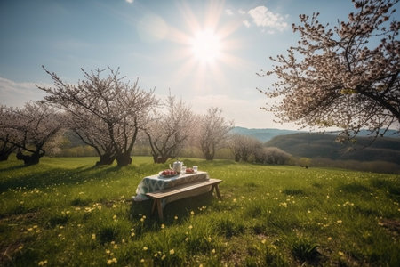 An illustration of a beautiful spring landscape with green grass and sunny weather, showcasing a lovely picnic setup with a checkered blanket, basket of food, and flowers. Ai generatedの素材