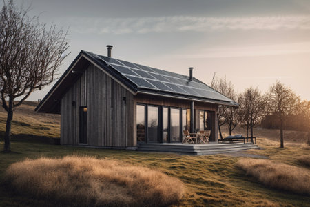 Residential homes powered by renewable energy sources such as solar panels and wind turbines, showcasing the potential for sustainable living and reducing carbon emissions.Ai generatedの素材