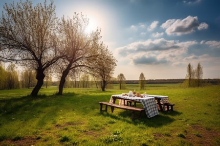 An illustration of a beautiful spring landscape with green grass and sunny weather, showcasing a lovely picnic setup with a checkered blanket, basket of food, and flowers. Ai generatedの素材