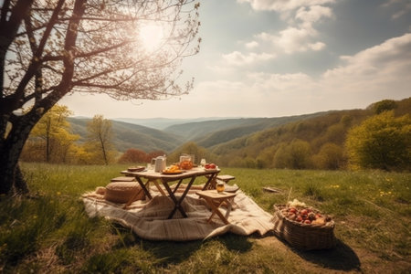 An illustration of a beautiful spring landscape with green grass and sunny weather, showcasing a lovely picnic setup with a checkered blanket, basket of food, and flowers. Ai generatedの素材