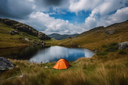 An illustration of an orange tent next to a serene lake in a beautiful mountain landscape, representing the peace and tranquility of camping in nature.Ai generatedの素材