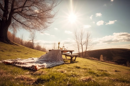 An illustration of a beautiful spring landscape with green grass and sunny weather, showcasing a lovely picnic setup with a checkered blanket, basket of food, and flowers. Ai generatedの素材