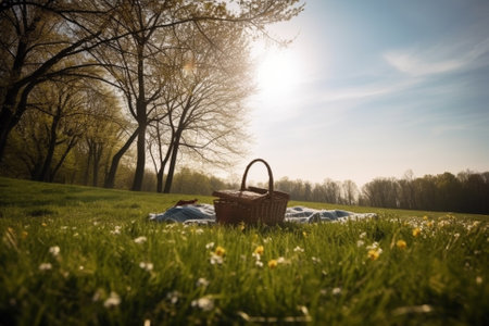 An illustration of a beautiful spring landscape with green grass and sunny weather, showcasing a lovely picnic setup with a checkered blanket, basket of food, and flowers. Ai generatedの素材