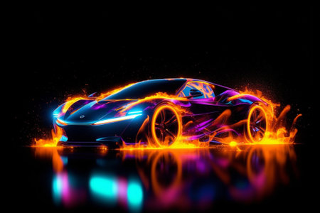 An illustration depicting a speed car with flames, neon glow lights, and a concept of high-speed driving. The sleek and dynamic design of the car is accentuated by the neon lights, creating a sense of energy and excitement. Ai generatedの素材