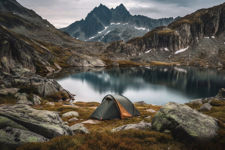 An illustration of a tent in a beautiful mountain landscape, representing the joy and adventure of camping in the great outdoors. Ai generatedの素材
