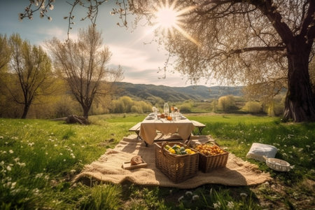 An illustration of a beautiful spring landscape with green grass and sunny weather, showcasing a lovely picnic setup with a checkered blanket, basket of food, and flowers. Ai generatedの素材