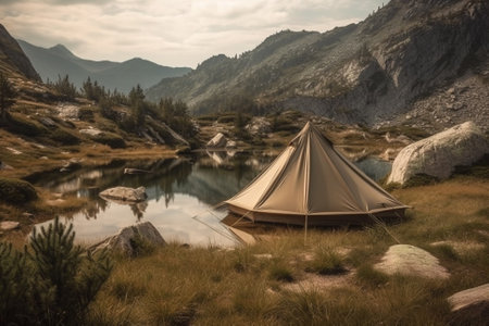 An illustration of a tent in a beautiful mountain landscape, representing the joy and adventure of camping in the great outdoors. Ai generatedの素材