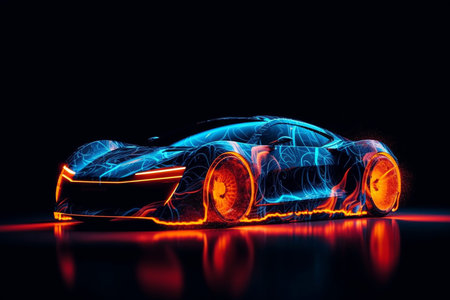 An illustration depicting a speed car with flames, neon glow lights, and a concept of high-speed driving. The sleek and dynamic design of the car is accentuated by the neon lights, creating a sense of energy and excitement. Ai generatedの素材