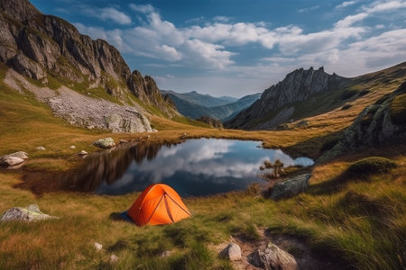 An illustration of an orange tent next to a serene lake in a beautiful mountain landscape, representing the peace and tranquility of camping in nature.Ai generatedの素材