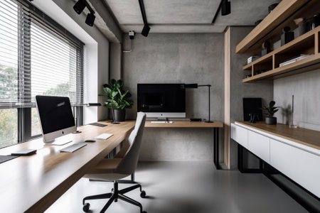 An illustration of a beautiful, modern workspace with minimalist aesthetics, representing a peaceful and organized work environment. Ai generatedの素材
