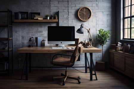 An illustration of a beautiful, modern workspace with minimalist aesthetics, representing a peaceful and organized work environment. Ai generatedの素材