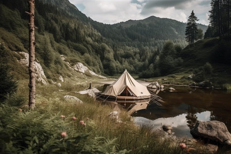 An illustration of a tent in a beautiful mountain landscape, representing the joy and adventure of camping in the great outdoors. Ai generatedの素材