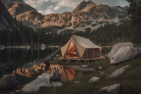 An illustration of a tent in a beautiful mountain landscape, representing the joy and adventure of camping in the great outdoors. Ai generatedの素材