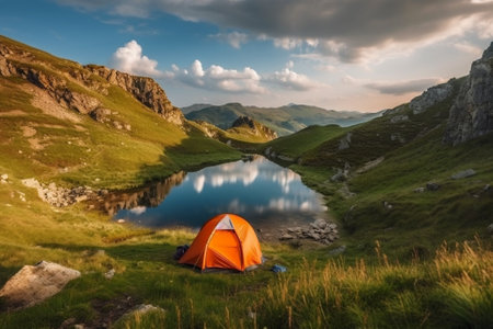 An illustration of an orange tent next to a serene lake in a beautiful mountain landscape, representing the peace and tranquility of camping in nature.Ai generatedの素材