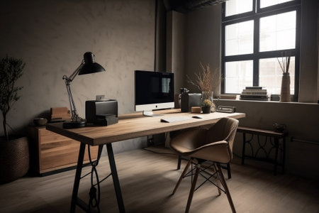 An illustration of a beautiful, modern workspace with minimalist aesthetics, representing a peaceful and organized work environment. Ai generatedの素材