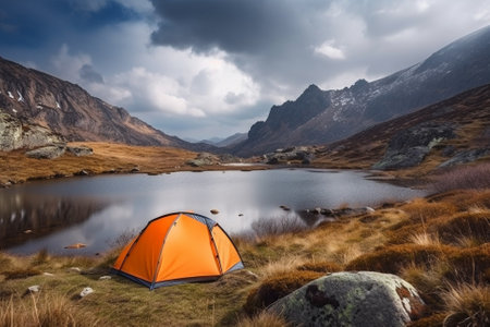 An illustration of an orange tent next to a serene lake in a beautiful mountain landscape, representing the peace and tranquility of camping in nature.Ai generatedの素材