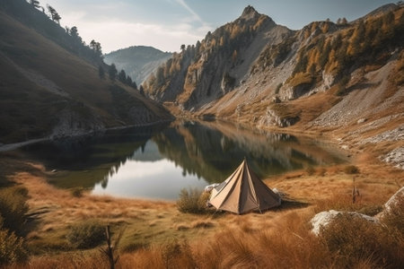An illustration of a tent in a beautiful mountain landscape, representing the joy and adventure of camping in the great outdoors. Ai generatedの素材