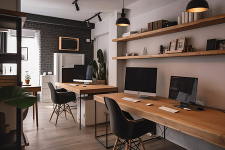 An illustration of a beautiful, modern workspace with minimalist aesthetics, representing a peaceful and organized work environment. Ai generatedの素材