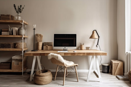 An illustration of a beautiful, modern workspace with minimalist aesthetics, representing a peaceful and organized work environment. Ai generatedの素材