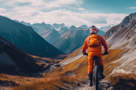 Biker on a mountain trail, waiting to go downhill while surrounded by a stunning landscape. This illustration captures the excitement and adrenaline of mountain biking, and would be perfect for use in posters, advertisements, or any project related to adventure sports. Ai generatedの素材