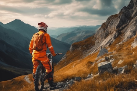 Biker on a mountain trail, waiting to go downhill while surrounded by a stunning landscape. This illustration captures the excitement and adrenaline of mountain biking, and would be perfect for use in posters, advertisements, or any project related to adventure sports. Ai generatedの素材