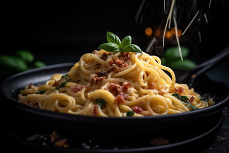 This illustration depicts a delicious black plate of classic Italian pasta carbonara, with creamy sauce, crispy pancetta, and grated Parmigiano cheese on top. Ai generatedの素材