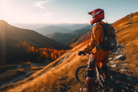 Biker on a mountain trail, waiting to go downhill while surrounded by a stunning landscape. This illustration captures the excitement and adrenaline of mountain biking, and would be perfect for use in posters, advertisements, or any project related to adventure sports. Ai generatedの素材